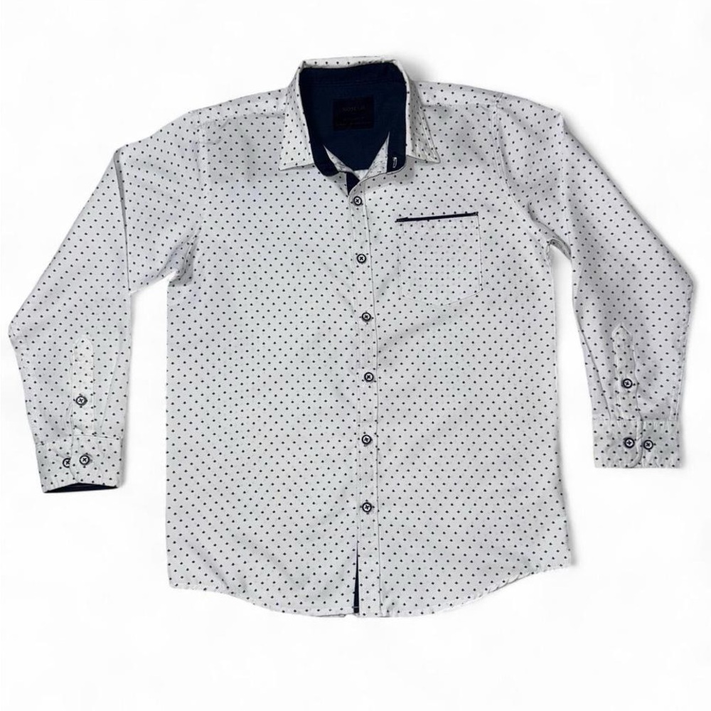 Classic White and Navy blue Polka Dot Boy’s button up Shirt size (10/12) M
